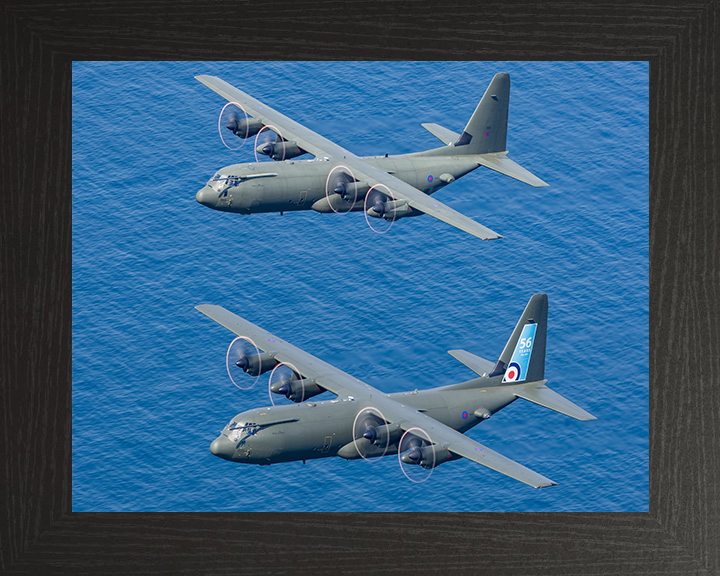 Two RAF Hercules C-130J in flight Photo Print - Royal Air Force Aircraft Hampshire Prints 10 x 8 Black Frame No