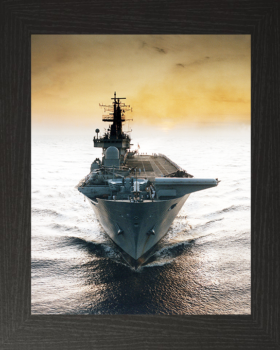 HMS Ark Royal (R07) Royal Navy Invincible Class Aircraft Carrier Bow View at Sunset Photo Print Wall Art Decor Posters, Prints, & Visual Artwork Hampshire Prints 10 x 8 Black Frame No