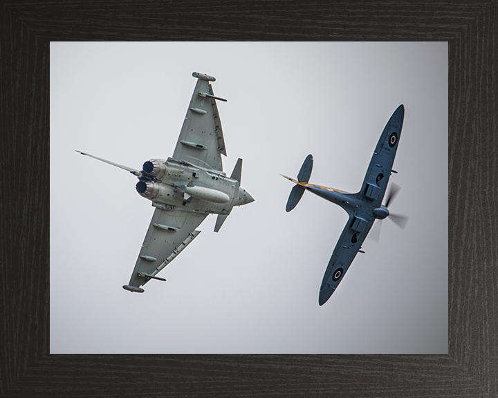 RAF Typhoon FGR4 and Spitfire in flight Photo Print - Royal Air Force Aircraft Hampshire Prints 10 x 8 Black Frame No