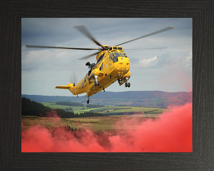 RAF (SAR) Sea King Helicopter With Red Smoke 2011 Photo Print - Royal Air Force Aircraft Posters, Prints, & Visual Artwork Hampshire Prints 10 x 8 Black Frame No