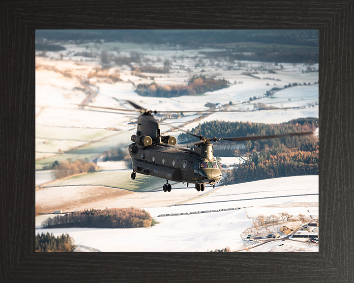 RAF Chinook Helicopter Flies Over Winter Countryside 2025 Photo Print - Royal Air Force Aircraft Posters, Prints, & Visual Artwork Hampshire Prints 10 x 8 Black Frame No
