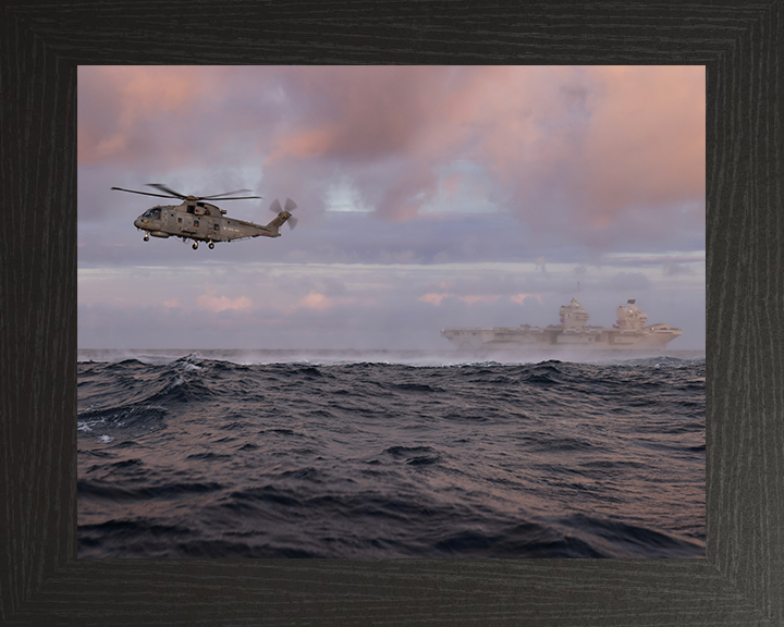 HMS Queen Elizabeth (R08) Photo Print - With Merlin - Royal Navy Queen Elizabeth Class Aircraft Carrier Hampshire Prints 10 x 8 Black Frame No