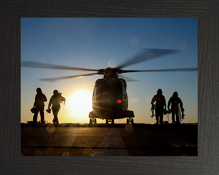 Merlin Helicopter on a Flight Deck at Sunset Photo Print - Royal Navy Aircraft Hampshire Prints 10 x 8 Black Frame No