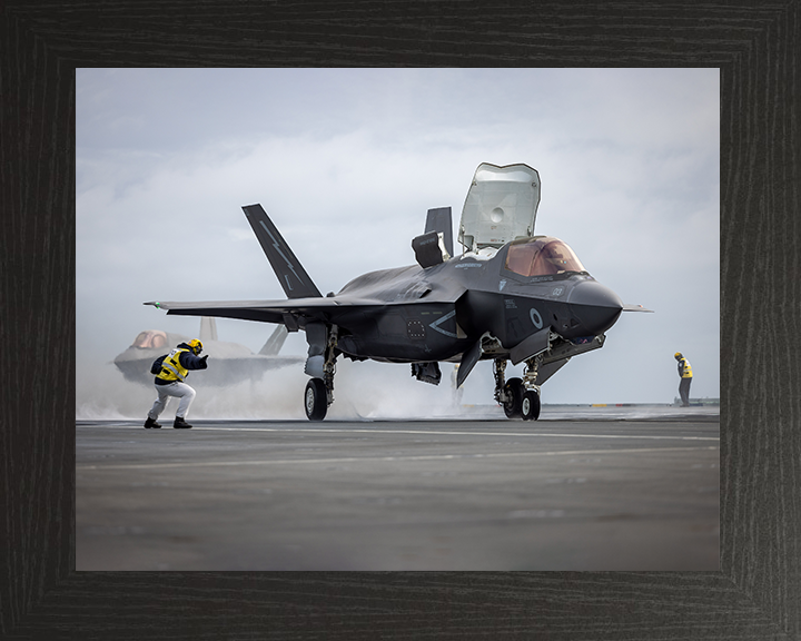 RAF F-35B Lightning jet flight deck Launch Photo Print - Royal Air Force Aircraft Hampshire Prints 10 x 8 Black Frame No