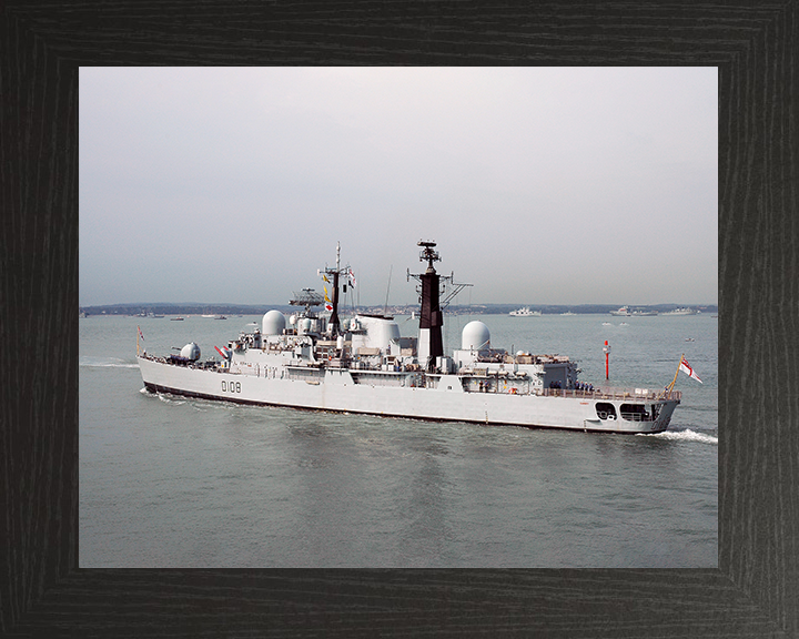 HMS Cardiff (D108) Royal Navy Type 42 Destroyer Leaving Harbour Port Side View Photo Print Wall Art Decor Posters, Prints, & Visual Artwork Hampshire Prints 10 x 8 Black Frame No