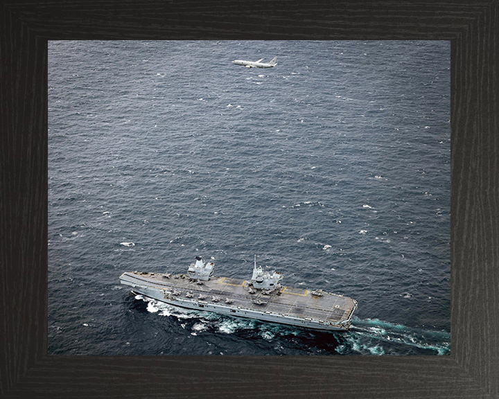 HMS Prince of Wales (R09) Photo Print - With Poseidon - Royal Navy Queen Elizabeth Class Aircraft Carrier Hampshire Prints 10 x 8 Black Frame No