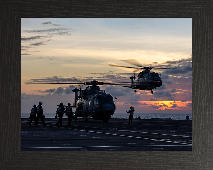 Merlin MK4 Helicopters From a Flight Deck at sunset Photo Print - Royal Navy Aircraft Hampshire Prints 10 x 8 Black Frame No