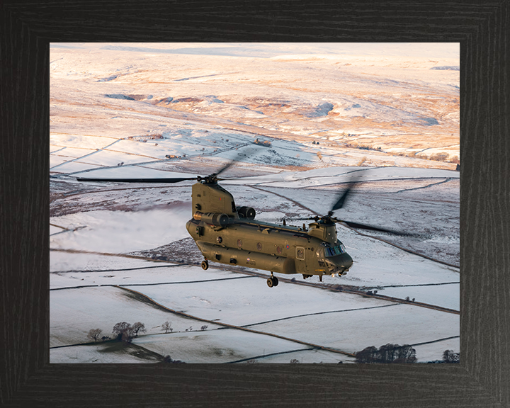 RAF Chinook Helicopter Flies Over Winter Countryside Photo Print - Royal Air Force Aircraft Posters, Prints, & Visual Artwork Hampshire Prints 10 x 8 Black Frame No