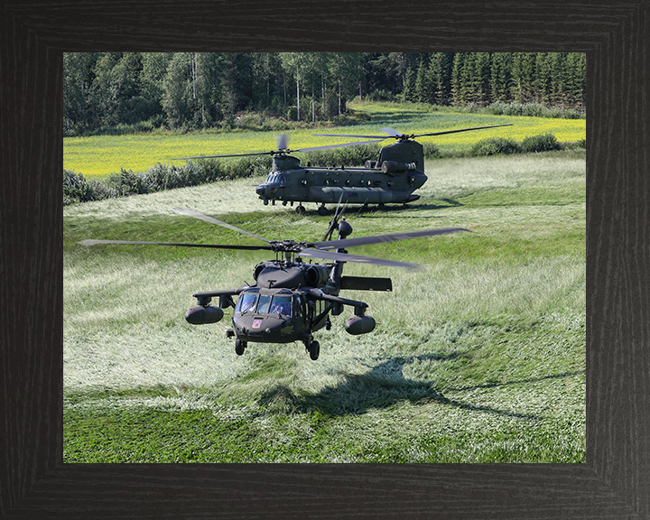 RAF Chinook and US Army UH-60 Blackhawk Helicopters Photo Print - Royal Air Force Aircraft Hampshire Prints 10 x 8 Black Frame No