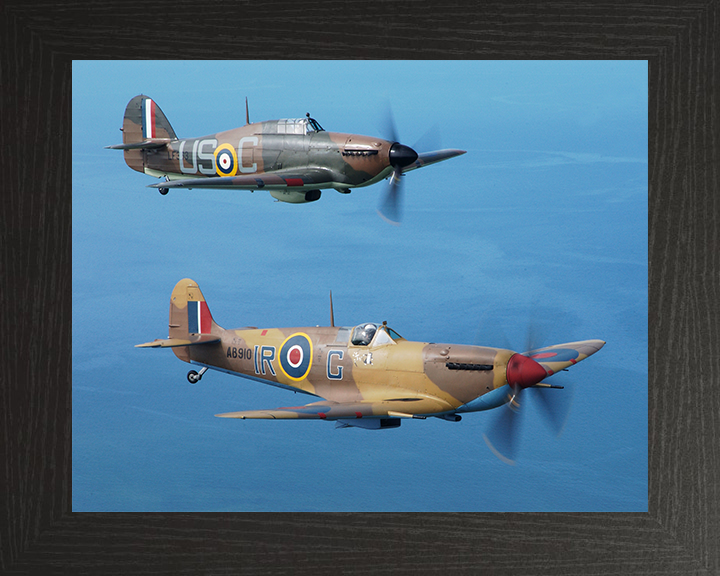 RAF Spitfire and Hurrincane in flight Photo Print - Royal Air Force Aircraft Hampshire Prints 10 x 8 Black Frame No
