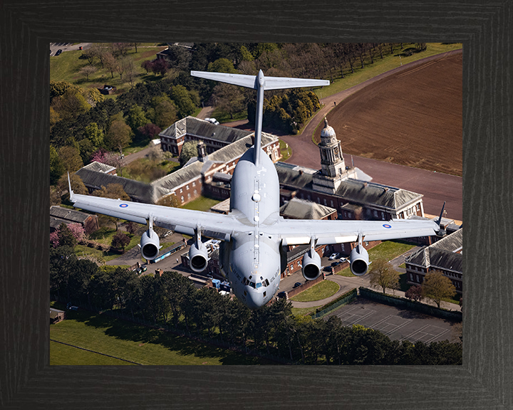 RAF C-17 Globemaster above RAF College Cranwell Photo Print - Royal Air Force Aircraft Hampshire Prints 10 x 8 Black Frame No