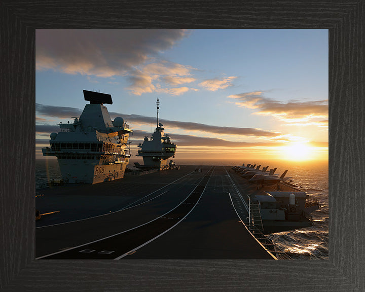 HMS Queen Elizabeth (R08) Photo Print - Flight Deck at Sunset - Royal Navy Queen Elizabeth Class Aircraft Carrier Hampshire Prints 10 x 8 Black Frame No