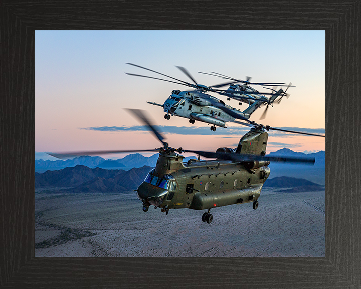 RAF CH-47 Chinook with two USMC ch-53 Sea Stallions Photo Print - Royal Air Force Aircraft Hampshire Prints 10 x 8 Black Frame No