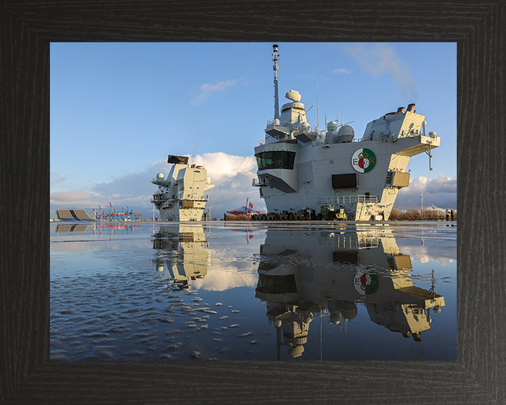 HMS Queen Elizabeth (R08) Photo Print - Flight Deck Reflections - Royal Navy Queen Elizabeth Class Aircraft Carrier Hampshire Prints 10 x 8 Black Frame No
