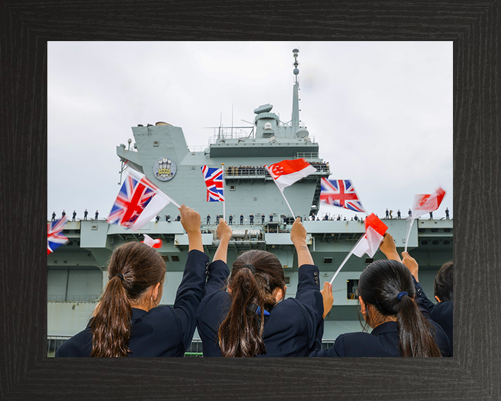 HMS Prince of Wales (R09) Photo Print - Singapore Welcome 2025 - Royal Navy Queen Elizabeth Class Aircraft Carrier Hampshire Prints 10 x 8 Black Frame No