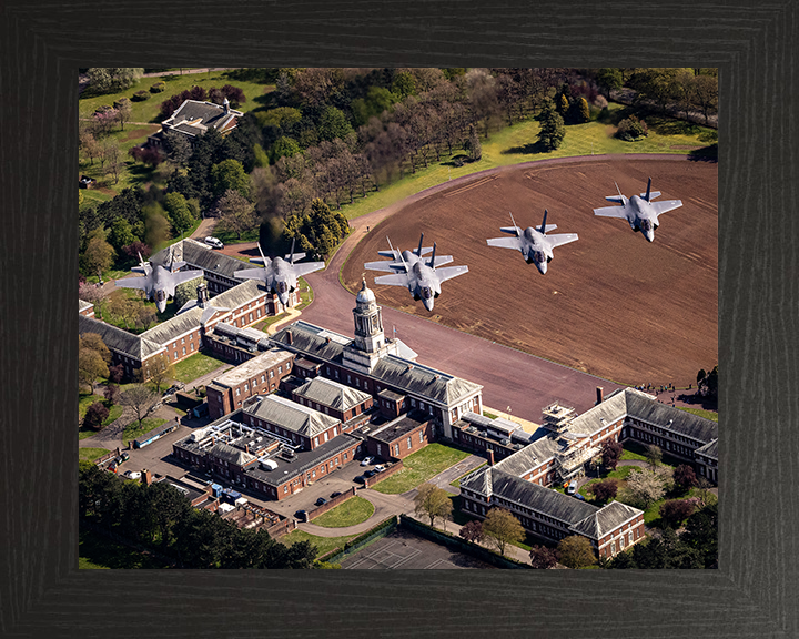 Six RAF F-35B Lightning jets above RAF College Cranwell Photo Print - Royal Air Force Aircraft Hampshire Prints 10 x 8 Black Frame No
