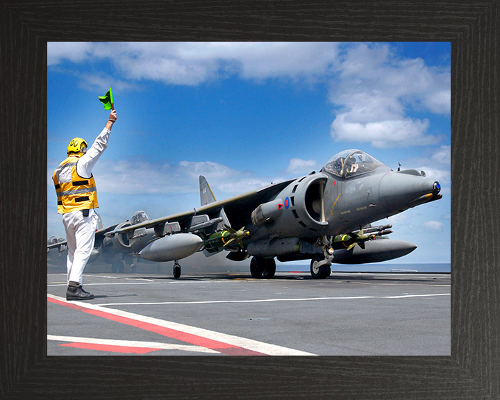 RAF Harrier GR7A on an Aircraft Carriers Flightdeck Photo Print - Royal Air Force Aircraft Posters, Prints, & Visual Artwork Hampshire Prints 10 x 8 Black Frame No