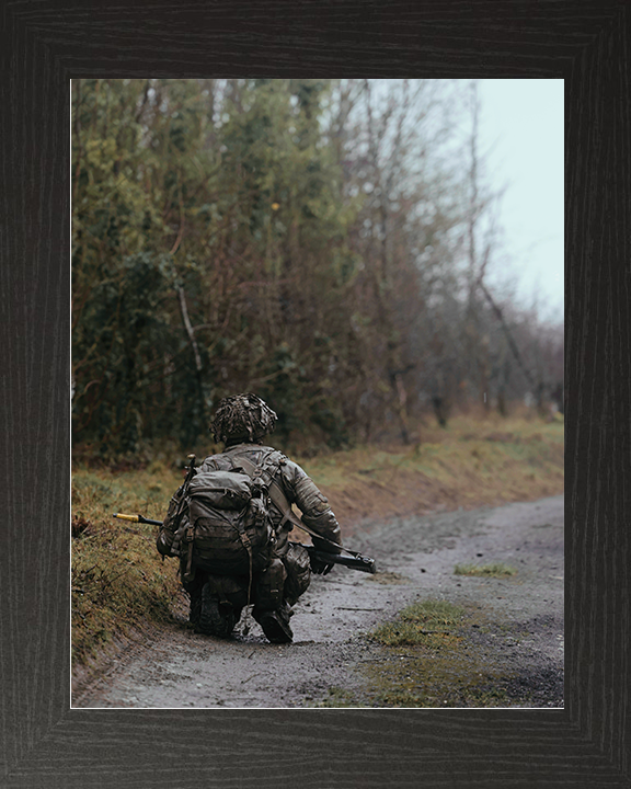 British Army Soldier Officer Cadet Crouches in the Field Photo Print Wall Art Military Decor Posters, Prints, & Visual Artwork Hampshire Prints 10 x 8 Black Frame No