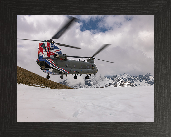 RAF Chinook Helicopter with Union Jack Photo Print - Royal Air Force Aircraft Hampshire Prints 10 x 8 Black Frame No