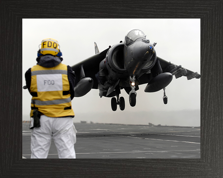 Harrier GR9 With Flight Deck Officer (FDO) Photo Print - Royal Navy Aircraft Posters, Prints, & Visual Artwork Hampshire Prints 10 x 8 Black Frame No