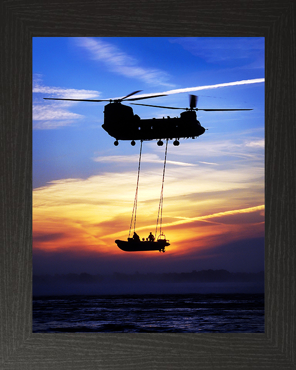 Royal Marines Commandos on a Rib Hoisted By a Chinook Helicopter Photo Print Hampshire Prints 10 x 8 Black Frame No