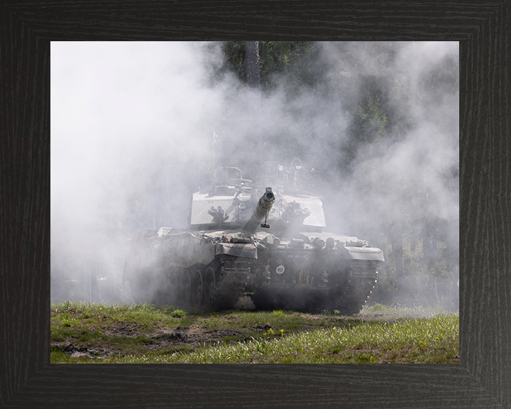 Challenger 2 Main Battle Tank in Smoke Photo Print - British Army Vehicle Hampshire Prints 10 x 8 Black Frame No