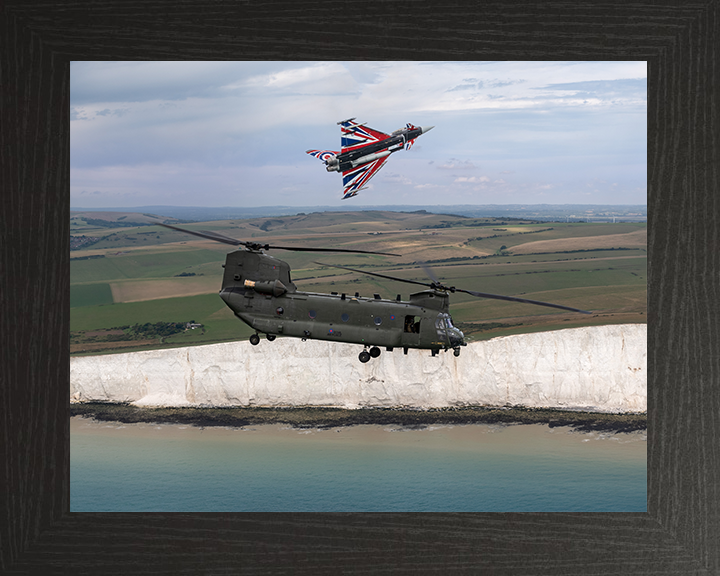 RAF Chinook Helicopter and Typhoon Jet Photo Print - Royal Air Force Aircraft Hampshire Prints 10 x 8 Black Frame No