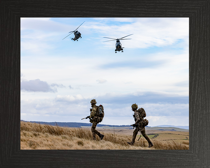 RAF Puma HC Mk2 Helicopters fly over soldiers Photo Print - Royal Air Force Aircraft Hampshire Prints 10 x 8 Black Frame No