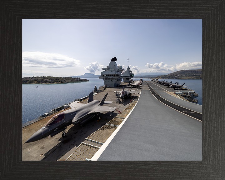 HMS Prince of Wales (R09) Photo Print - Flight Deck View 2025 - Royal Navy Queen Elizabeth Class Aircraft Carrier Hampshire Prints 10 x 8 Black Frame No
