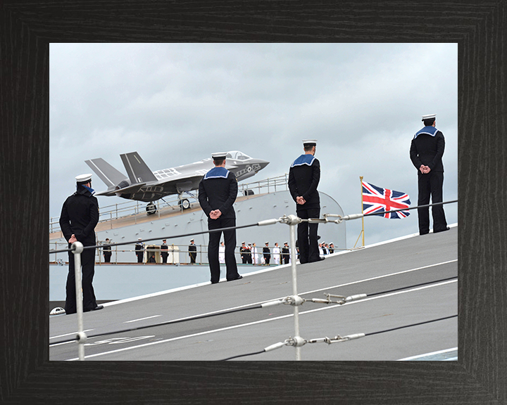 HMS Queen Elizabeth (R08) Photo Print - Sailors on Ski Jump - Royal Navy Queen Elizabeth Class Aircraft Carrier Hampshire Prints 10 x 8 Black Frame No