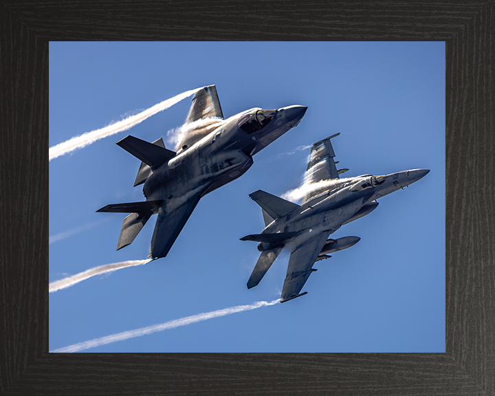 RAF F-35B Lightening with US Navy F/A-18E Photo Print - Royal Air Force Aircraft Hampshire Prints 10 x 8 Black Frame No