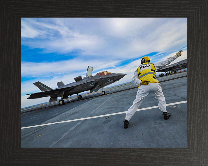 RAF F35B flight deck takeoff Photo Print - Royal Air Force Aircraft Hampshire Prints 10 x 8 Black Frame No