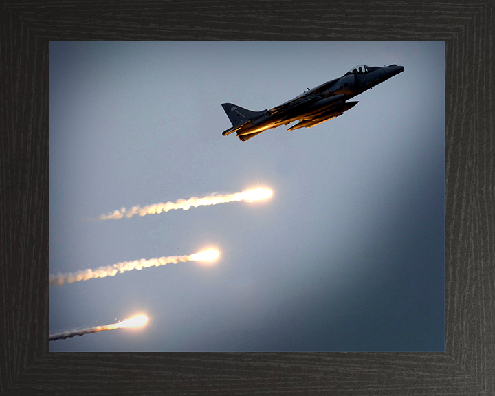 Harrier GR7 Firing Decoy Flares Photo Print - Royal Navy Aircraft Posters, Prints, & Visual Artwork Hampshire Prints 10 x 8 Black Frame No