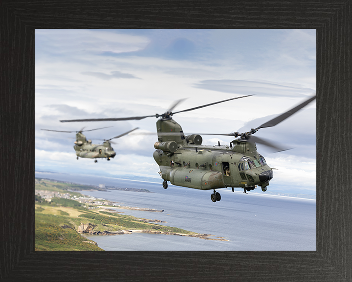Two RAF Chinook Helicopters in Flight Photo Print - Royal Air Force Aircraft Hampshire Prints 10 x 8 Black Frame No