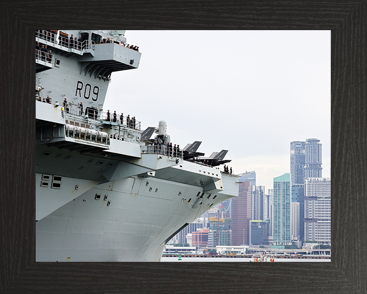 HMS Prince of Wales (R09) Photo Print - Singapore Skyline 2025 - Royal Navy Queen Elizabeth Class Aircraft Carrier Hampshire Prints 10 x 8 Black Frame No