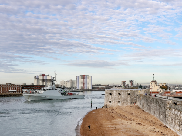 HMS Medway P223 River Class Patrol Vessel January 2020 Leaving Portsmouth