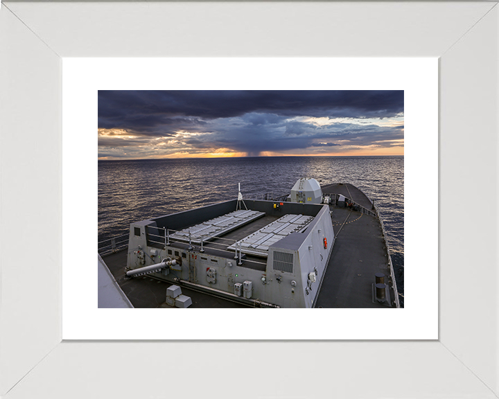HMS Dragon (D35) Royal Navy Type 45 Destroyer Forecastle Sunset Photo Print Wall Art Decor Posters, Prints, & Visual Artwork Hampshire Prints 10 x 8 White Frame Yes