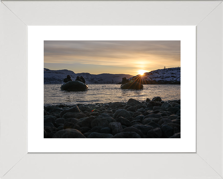Royal Marines on Two Inflatable Raiding Crafts at Sunset Photo Print 30 Commando Wall Art Military Decor Posters, Prints, & Visual Artwork Hampshire Prints 10 x 8 White Frame Yes