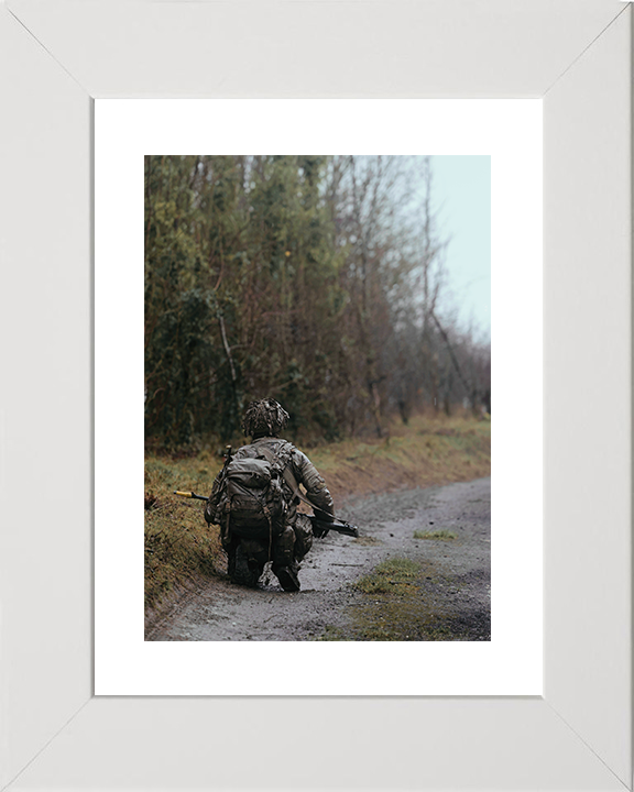 British Army Soldier Officer Cadet Crouches in the Field Photo Print Wall Art Military Decor Posters, Prints, & Visual Artwork Hampshire Prints 10 x 8 White Frame Yes