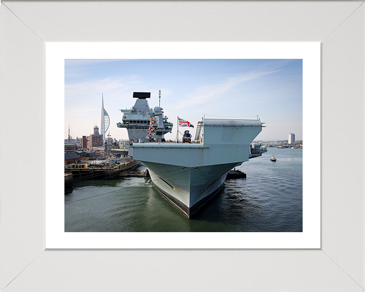 HMS Queen Elizabeth (R08) Photo Print - Portsmouth 2022 - Royal Navy Queen Elizabeth Class Aircraft Carrier Hampshire Prints 10 x 8 White Frame Yes
