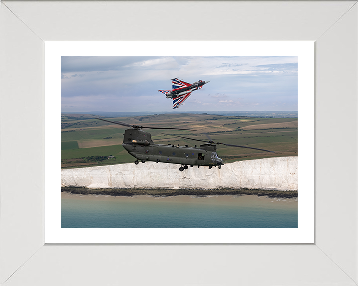 RAF Chinook Helicopter and Typhoon Jet Photo Print - Royal Air Force Aircraft Hampshire Prints 10 x 8 White Frame Yes