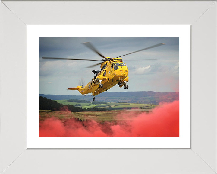 RAF (SAR) Sea King Helicopter With Red Smoke 2011 Photo Print - Royal Air Force Aircraft Posters, Prints, & Visual Artwork Hampshire Prints 10 x 8 White Frame Yes