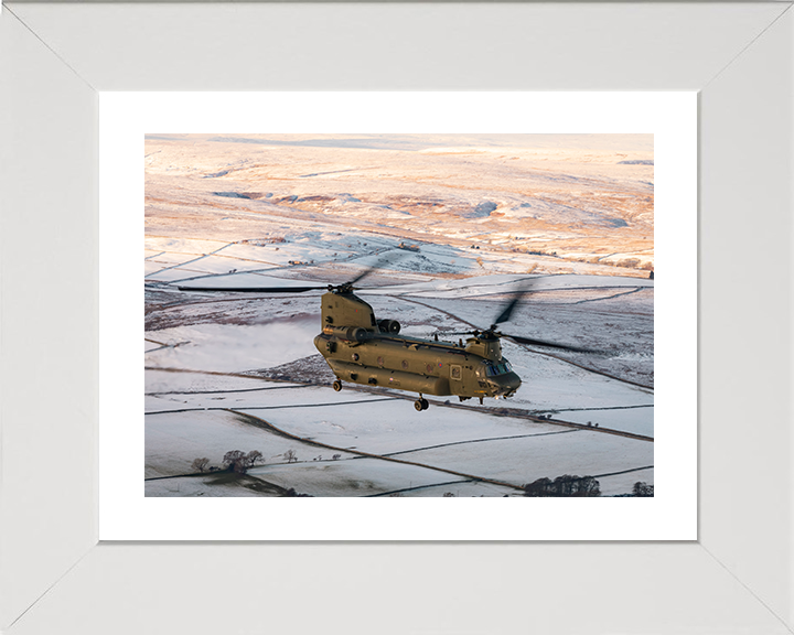 RAF Chinook Helicopter Flies Over Winter Countryside Photo Print - Royal Air Force Aircraft Posters, Prints, & Visual Artwork Hampshire Prints 10 x 8 White Frame Yes