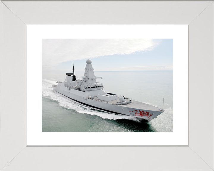HMS Dragon (D35) Royal Navy Type 45 Destroyer High Starboard Bow View Photo Print Wall Art Decor Posters, Prints, & Visual Artwork Hampshire Prints 10 x 8 White Frame Yes
