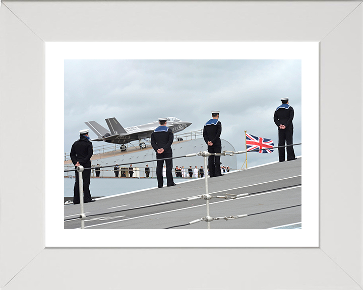HMS Queen Elizabeth (R08) Photo Print - Sailors on Ski Jump - Royal Navy Queen Elizabeth Class Aircraft Carrier Hampshire Prints 10 x 8 White Frame Yes