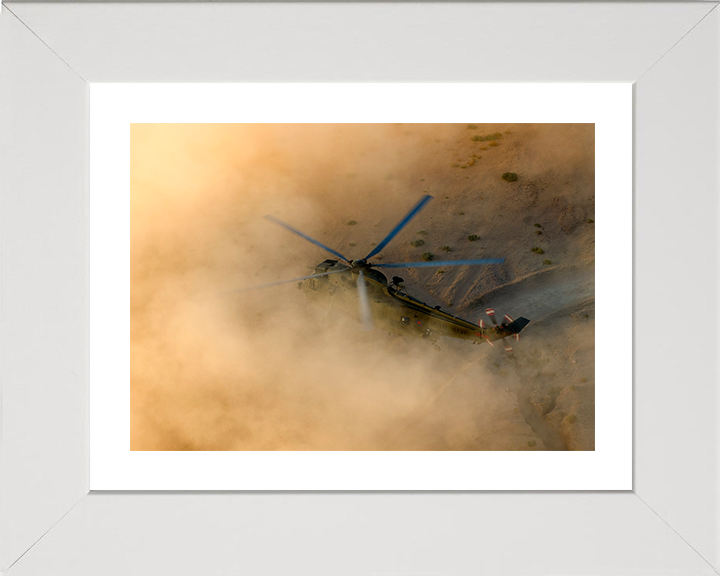 Sea King Helicopter Landing in the Desert 2013 Photo Print - Royal Navy Aircraft Posters, Prints, & Visual Artwork Hampshire Prints 10 x 8 White Frame Yes