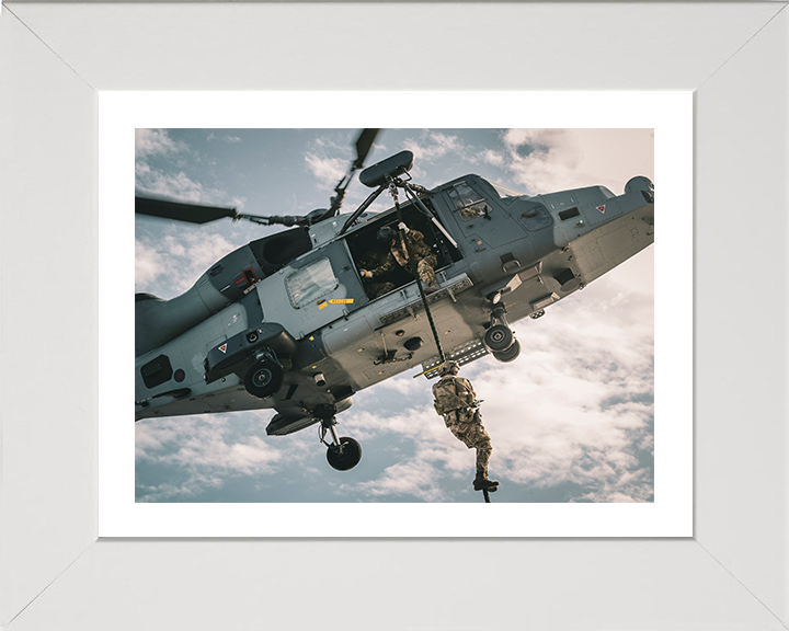 Royal Marine Commando fast roping from a Wildcat Helicopter Photo Prin ...