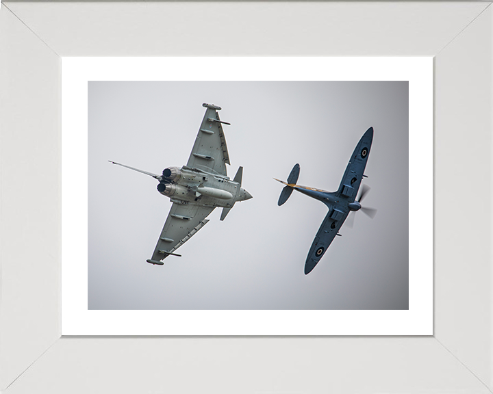 RAF Typhoon FGR4 and Spitfire in flight Photo Print - Royal Air Force Aircraft Hampshire Prints 10 x 8 White Frame Yes