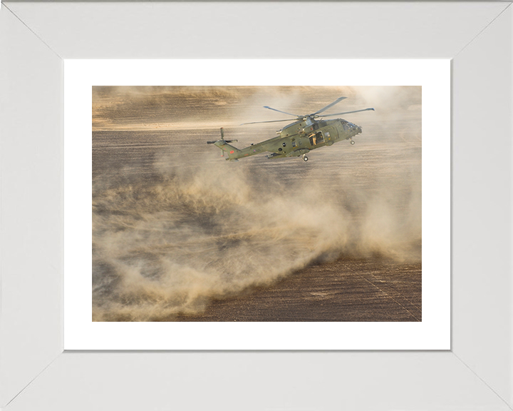 RAF Merlin Helicopter takes off creating a dust cloud Photo Print - Royal Air Force Aircraft Hampshire Prints 10 x 8 White Frame Yes