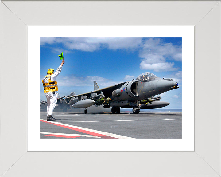 RAF Harrier GR7A on an Aircraft Carriers Flightdeck Photo Print - Royal Air Force Aircraft Posters, Prints, & Visual Artwork Hampshire Prints 10 x 8 White Frame Yes
